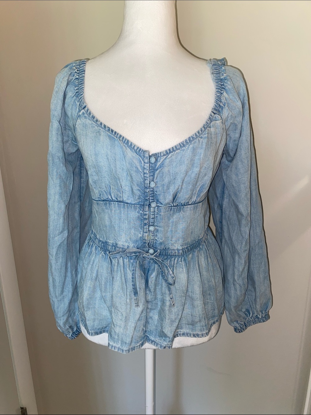 aerie Light Blue Denim Peplum Button-Front Blouse